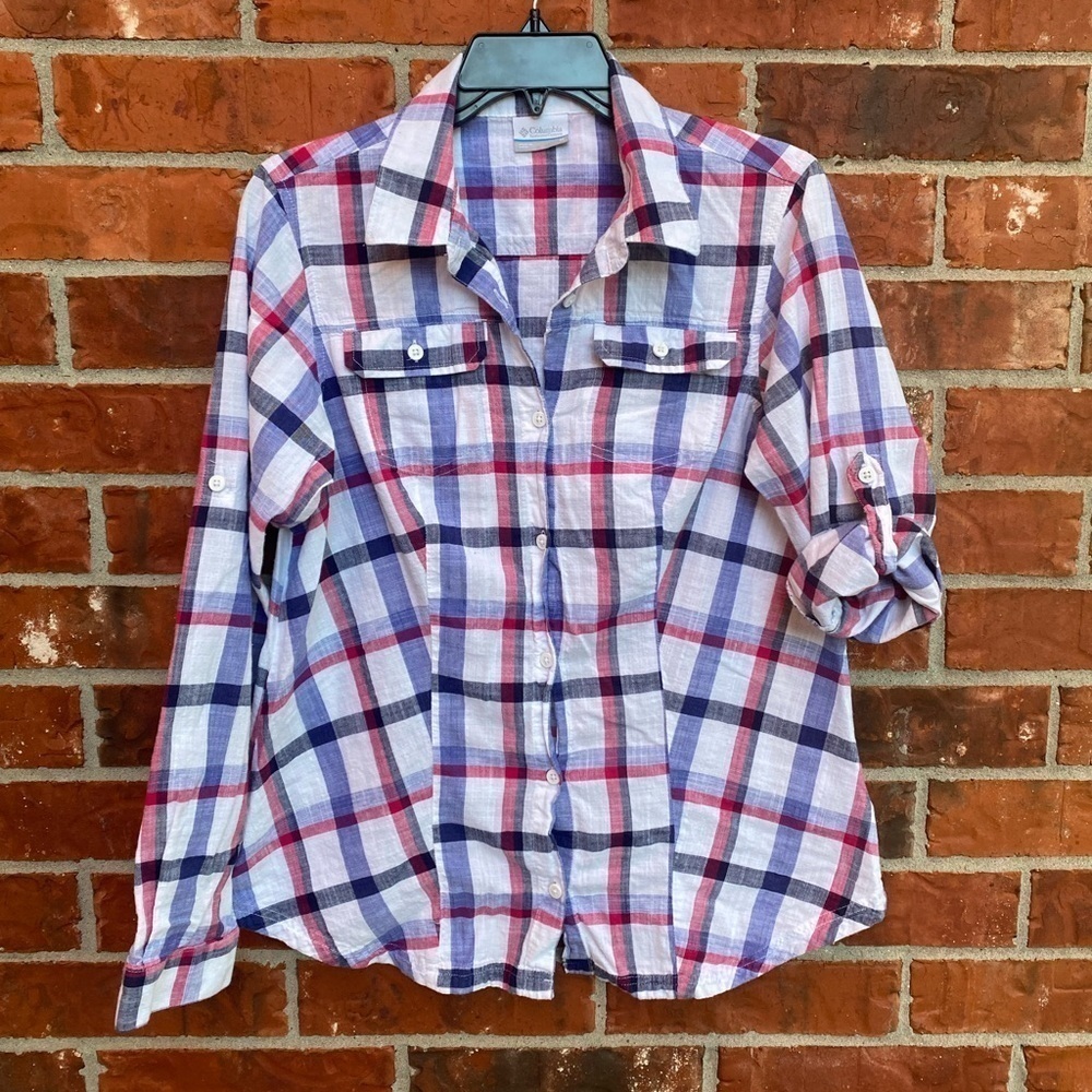 Columbia Womens Medium Plaid Roll Tab Long Sleeve Button Down Collared Shirt
